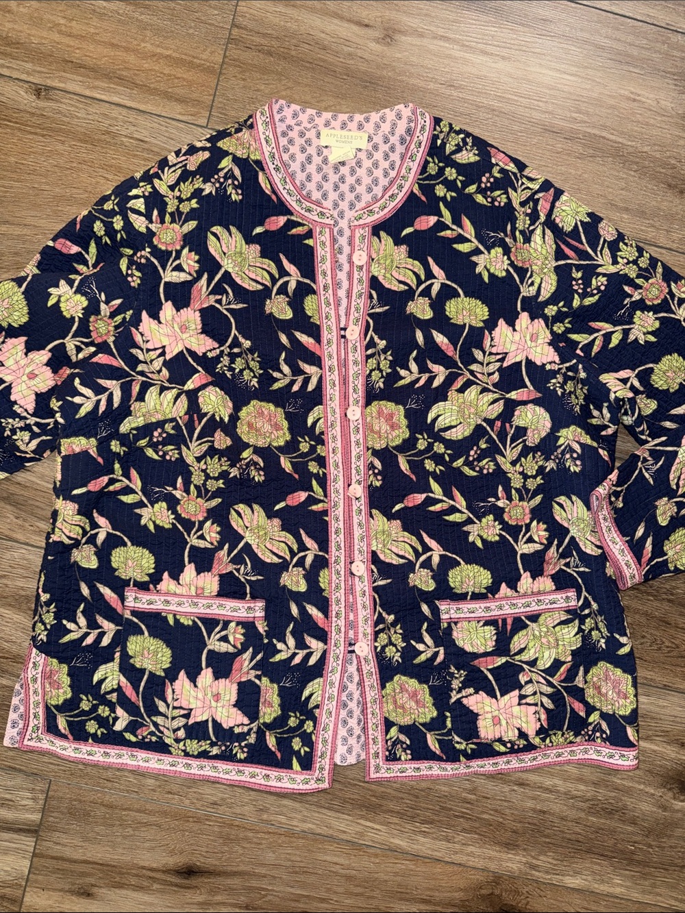Appleseed's Navy and Pink Lightweight Quilted Reversible Floral Jacket cottage